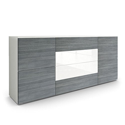 Vladon, Vladon Sideboard Chest of Drawers Rova, Carcass in White matt/Fronts in Avola-Anthracite and White High Gloss