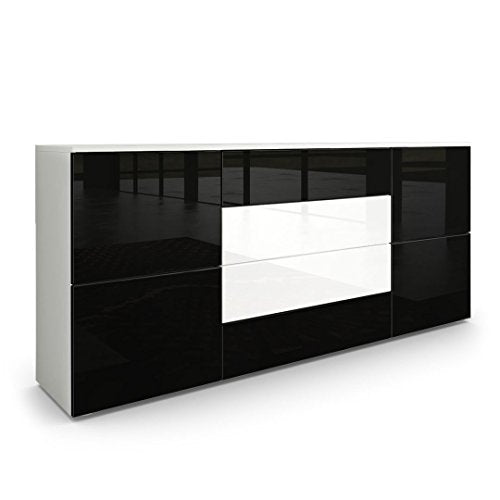 Vladon, Vladon Sideboard Chest of Drawers Rova, Carcass in White matt/Fronts in Black High Gloss and White High Gloss