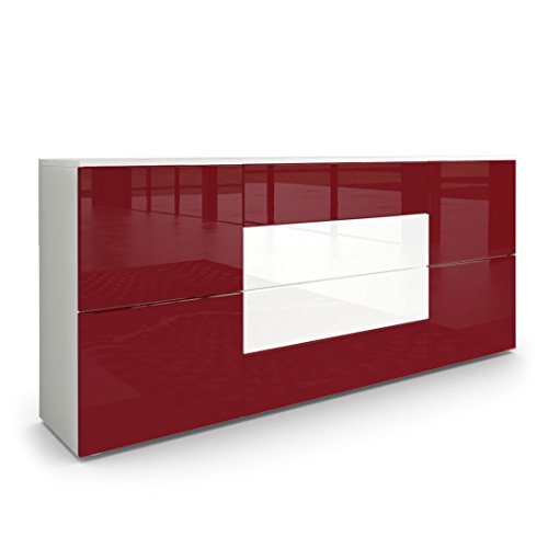 Vladon, Vladon Sideboard Chest of Drawers Rova, Carcass in White matt/Fronts in Bordeaux High Gloss and White High Gloss