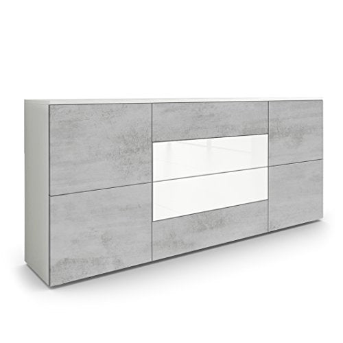 Vladon, Vladon Sideboard Chest of Drawers Rova, Carcass in White matt/Fronts in Concrete Grey xid and White High Gloss
