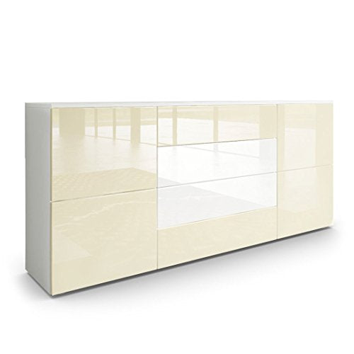 Vladon, Vladon Sideboard Chest of Drawers Rova, Carcass in White matt/Fronts in Cream High Gloss and White High Gloss