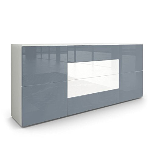 Vladon, Vladon Sideboard Chest of Drawers Rova, Carcass in White matt/Fronts in Grey High Gloss and White High Gloss