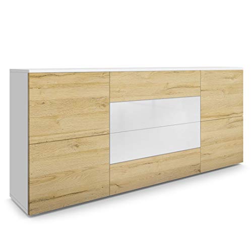 Vladon, Vladon Sideboard Chest of Drawers Rova, Carcass in White matt/Fronts in Oak Nature and White High Gloss