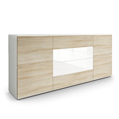 Vladon, Vladon Sideboard Chest of Drawers Rova, Carcass in White matt/Fronts in Rough-sawn Oak and White High Gloss