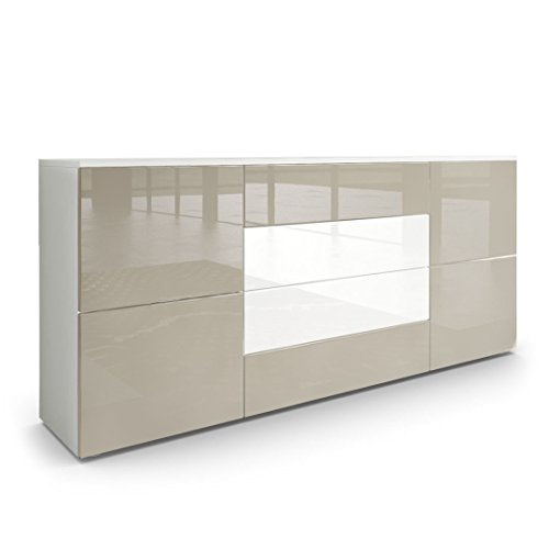 Vladon, Vladon Sideboard Chest of Drawers Rova, Carcass in White matt/Fronts in Sand grey High Gloss and White High Gloss