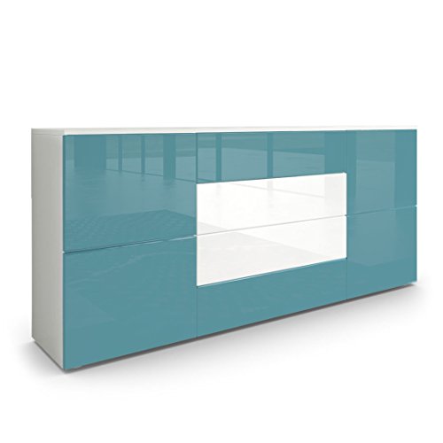 Vladon, Vladon Sideboard Chest of Drawers Rova, Carcass in White matt/Fronts in Teal High Gloss and White High Gloss
