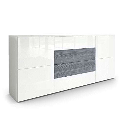 Vladon, Vladon Sideboard Chest of Drawers Rova, Carcass in White matt/Fronts in White High Gloss and Avola-Anthracite