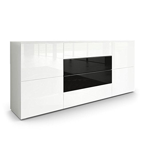 Vladon, Vladon Sideboard Chest of Drawers Rova, Carcass in White matt/Fronts in White High Gloss and Black High Gloss
