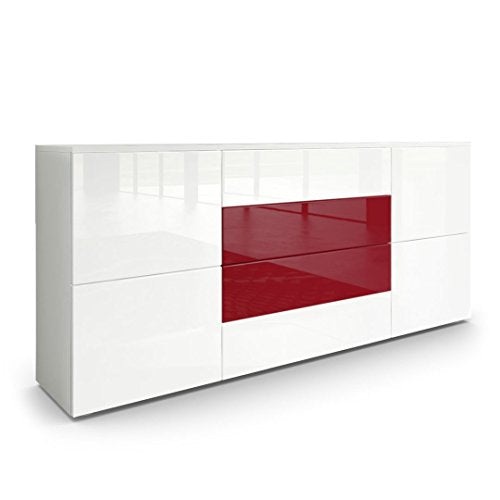 Vladon, Vladon Sideboard Chest of Drawers Rova, Carcass in White matt/Fronts in White High Gloss and Bordeaux High Gloss