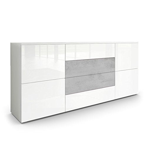 Vladon, Vladon Sideboard Chest of Drawers Rova, Carcass in White matt/Fronts in White High Gloss and Concrete Grey Oxid