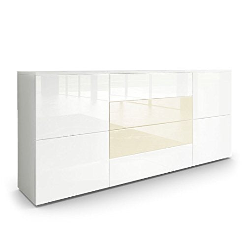 Vladon, Vladon Sideboard Chest of Drawers Rova, Carcass in White matt/Fronts in White High Gloss and Cream High Gloss