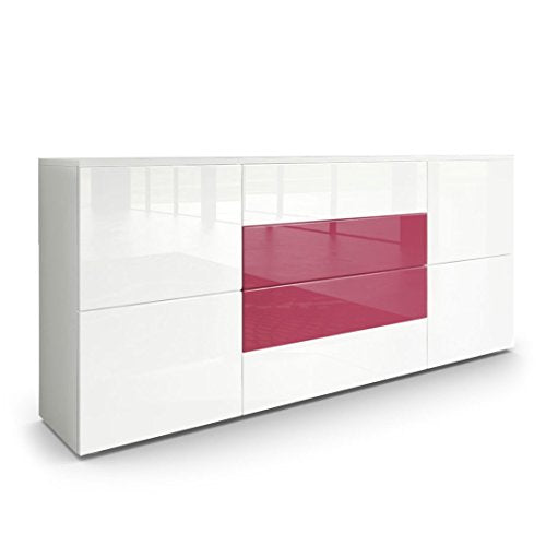 Vladon, Vladon Sideboard Chest of Drawers Rova, Carcass in White matt/Fronts in White High Gloss and Fuchsia High Gloss