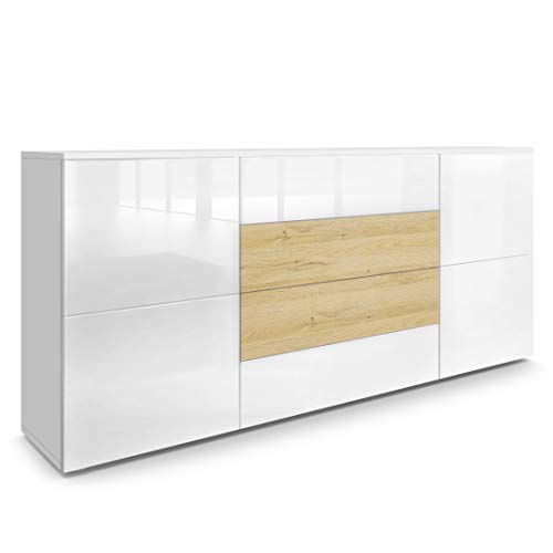 Vladon, Vladon Sideboard Chest of Drawers Rova, Carcass in White matt/Fronts in White High Gloss and Oak Nature