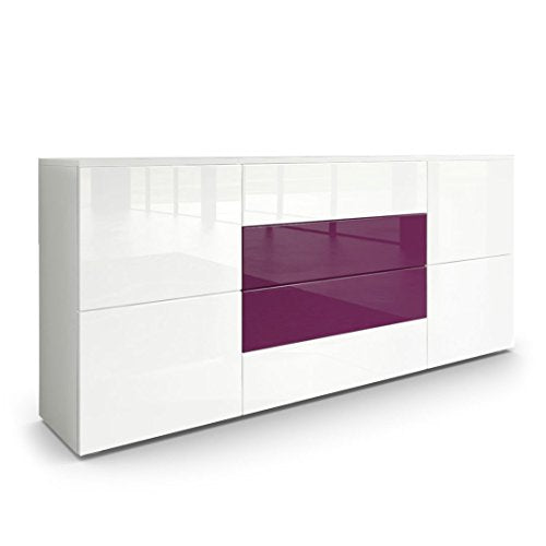 Vladon, Vladon Sideboard Chest of Drawers Rova, Carcass in White matt/Fronts in White High Gloss and Raspberry High Gloss
