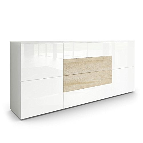 Vladon, Vladon Sideboard Chest of Drawers Rova, Carcass in White matt/Fronts in White High Gloss and Rough-sawn Oak