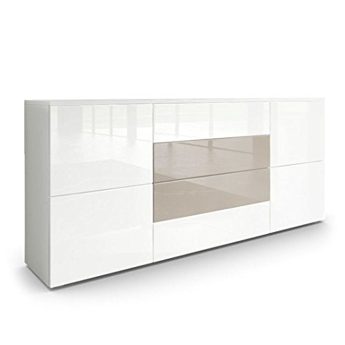 Vladon, Vladon Sideboard Chest of Drawers Rova, Carcass in White matt/Fronts in White High Gloss and Sand grey High Gloss