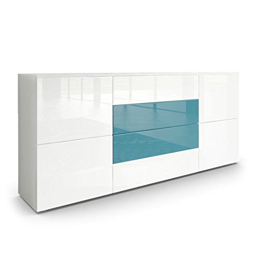 Vladon, Vladon Sideboard Chest of Drawers Rova, Carcass in White matt/Fronts in White High Gloss and Teal High Gloss