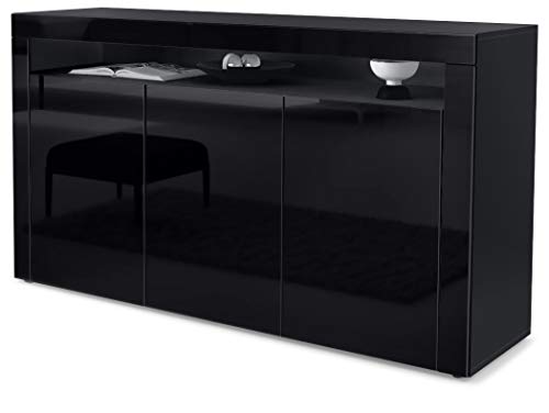 Vladon, Vladon Sideboard Chest of Drawers Valencia, Carcass in Black matt/Front in Black High Gloss with a frame in Black High Gloss