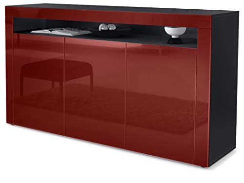 Vladon, Vladon Sideboard Chest of Drawers Valencia, Carcass in Black matt/Front in Bordeaux High Gloss with a frame in Bordeaux High Gloss