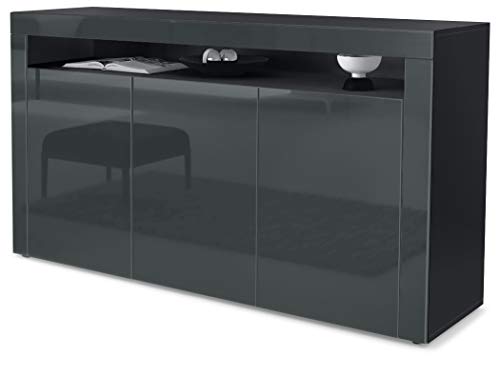Vladon, Vladon Sideboard Chest of Drawers Valencia, Carcass in Black matt/Front in Grey High Gloss with a frame in Grey High Gloss