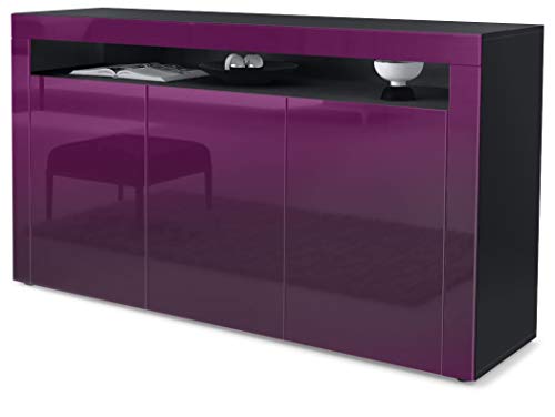 Vladon, Vladon Sideboard Chest of Drawers Valencia, Carcass in Black matt/Front in Raspberry High Gloss with a frame in Raspberry High Gloss