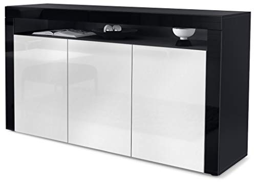 Vladon, Vladon Sideboard Chest of Drawers Valencia, Carcass in Black matt/Front in White High Gloss with a frame in Black High Gloss