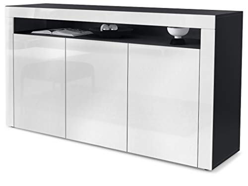 Vladon, Vladon Sideboard Chest of Drawers Valencia, Carcass in Black matt/Front in White High Gloss with a frame in White High Gloss