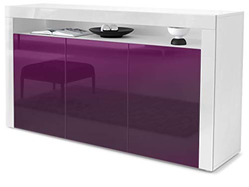Vladon, Vladon Sideboard Chest of Drawers Valencia, Carcass in White matt/Front in Raspberry High Gloss and a frame in White High Gloss