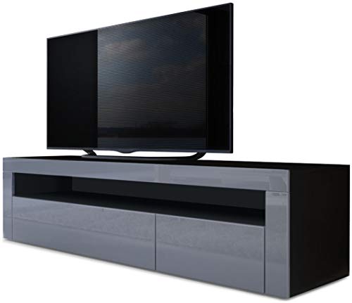 Vladon, Vladon TV Stand Unit Valencia, Carcass in Black matt/Front in Grey High Gloss with a frame in Grey High Gloss