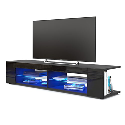 Vladon, Vladon TV Unit Stand Movie, Carcass in Black matt/Front in Black High Gloss with LED lighting in Blue