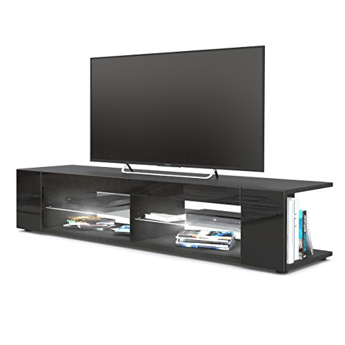 Vladon, Vladon TV Unit Stand Movie, Carcass in Black matt/Front in Black High Gloss with LED lighting in White