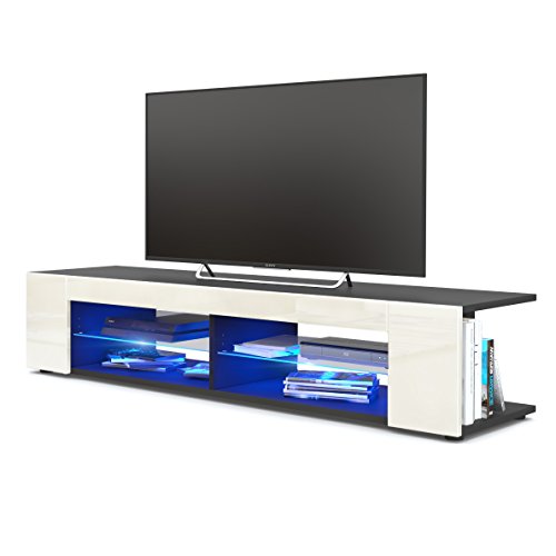 Vladon, Vladon TV Unit Stand Movie, Carcass in Black matt/Front in Cream High Gloss with LED lighting in Blue
