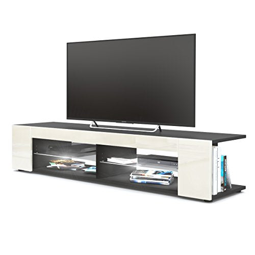 Vladon, Vladon TV Unit Stand Movie, Carcass in Black matt/Front in Cream High Gloss with LED lighting in White