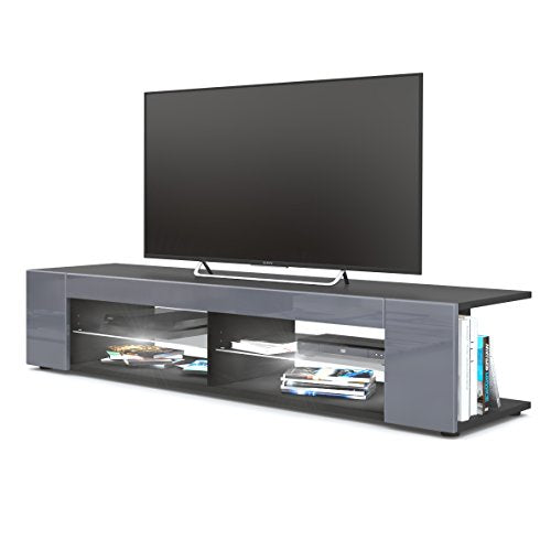 Vladon, Vladon TV Unit Stand Movie, Carcass in Black matt/Front in Grey High Gloss with LED lighting in White