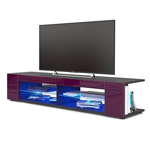 Vladon, Vladon TV Unit Stand Movie, Carcass in Black matt/Front in Raspberry High Gloss with LED lighting in Blue