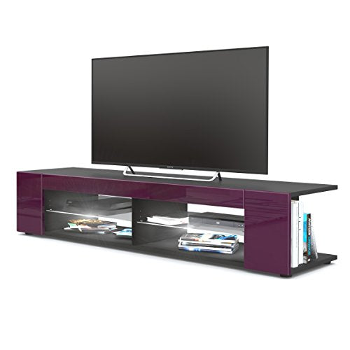 Vladon, Vladon TV Unit Stand Movie, Carcass in Black matt/Front in Raspberry High Gloss with LED lighting in White