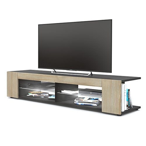 Vladon, Vladon TV Unit Stand Movie, Carcass in Black matt/Front in Rough-sawn Oak with LED lighting in White