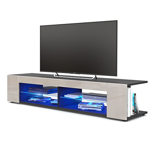 Vladon, Vladon TV Unit Stand Movie, Carcass in Black matt/Front in Sand grey High Gloss with LED lighting in Blue