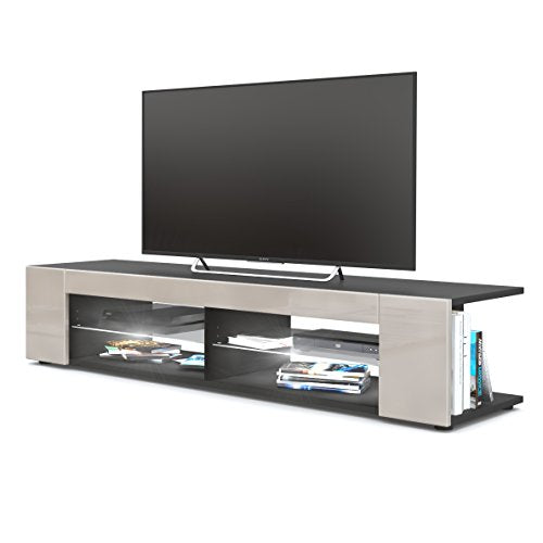 Vladon, Vladon TV Unit Stand Movie, Carcass in Black matt/Front in Sand grey High Gloss with LED lighting in White