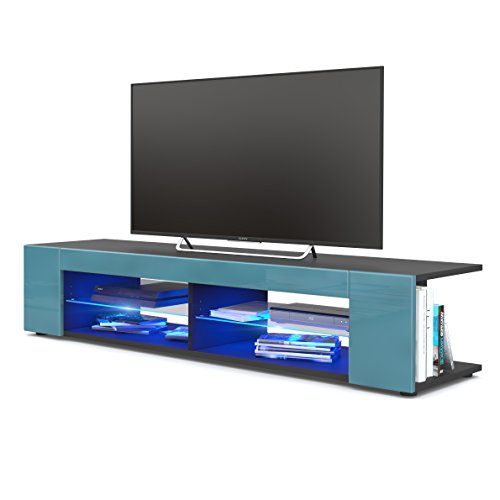 Vladon, Vladon TV Unit Stand Movie, Carcass in Black matt/Front in Teal High Gloss with LED lighting in Blue