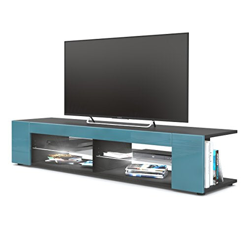 Vladon, Vladon TV Unit Stand Movie, Carcass in Black matt/Front in Teal High Gloss with LED lighting in White