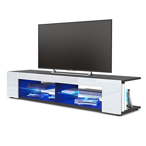 Vladon, Vladon TV Unit Stand Movie, Carcass in Black matt/Front in White High Gloss with LED lighting in Blue