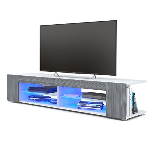 Vladon, Vladon TV Unit Stand Movie, Carcass in White matt/Front in Avola-Anthracite with LED lighting in Blue