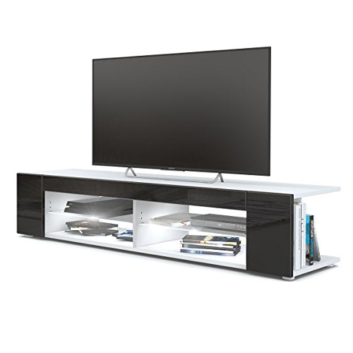 Vladon, Vladon TV Unit Stand Movie, Carcass in White matt/Front in Black High Gloss with LED lighting in White