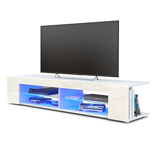 Vladon, Vladon TV Unit Stand Movie, Carcass in White matt/Front in Cream High Gloss with LED lighting in Blue