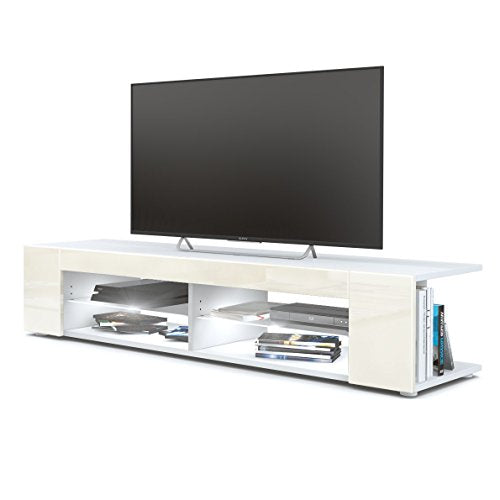 Vladon, Vladon TV Unit Stand Movie, Carcass in White matt/Front in Cream High Gloss with LED lighting in White