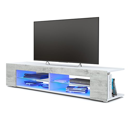 Vladon, Vladon TV Unit Stand Movie, Carcass in White matt/Front in Grey High Gloss with LED lighting in Blue