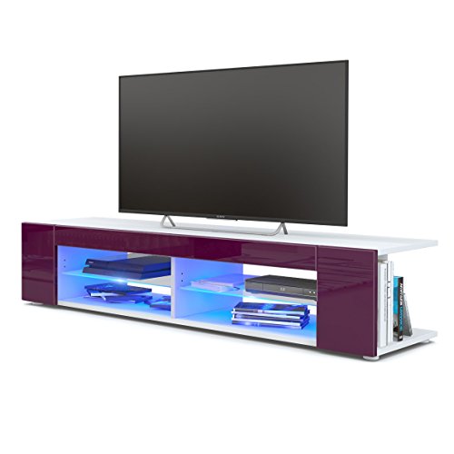 Vladon, Vladon TV Unit Stand Movie, Carcass in White matt/Front in Raspberry High Gloss with LED lighting in Blue