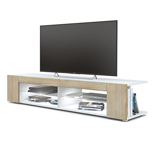 Vladon, Vladon TV Unit Stand Movie, Carcass in White matt/Front in Rough-sawn Oak with LED lighting in White