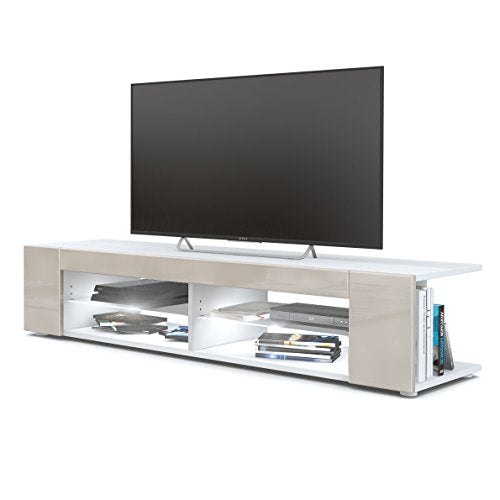 Vladon, Vladon TV Unit Stand Movie, Carcass in White matt/Front in Sand grey High Gloss with LED lighting in White